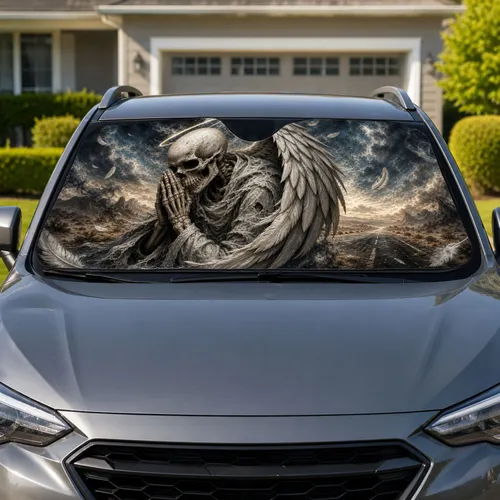 Praying Skeleton Angel Of Death With Feathered Wing For Gothic Road Trip Fans And Bikers Car Sunshade