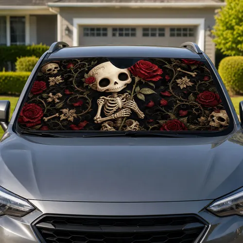 Cute Gothic Skeleton Holding Red Rose For Dark Romance Decor And Halloween Lovers Car Sunshade
