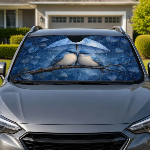 Blue Bird Couple Under Umbrella Rainy Day Decor For Cozy Romantic Nature Lovers Gift Car Sunshade