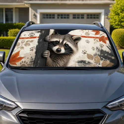 Playful Peeking Raccoon Woodland Leaves Cozy Cabin Road Trip Decor For Animal Fans Car Sunshade
