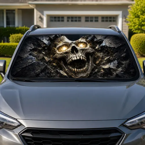Glowing Cracked Skull Shattered Stone Horror Decor For Gothic Drivers And Metal Fans Car Sunshade