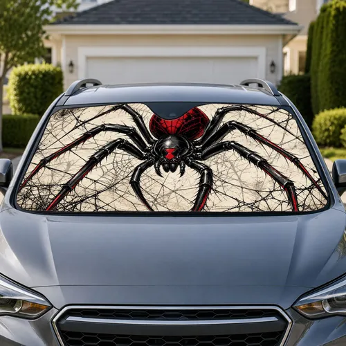 Black Widow Spider With Crimson Web Gothic Halloween Decor For Horror Lovers And Fans Car Sunshade