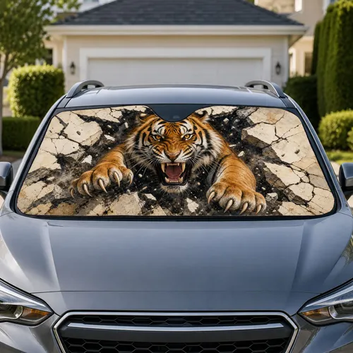 Roaring Bengal Tiger Breaking Stone Wall For Wildlife Fans And Bold Road Trip Style Car Sunshade