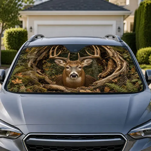 Majestic Whitetail Buck In Hollow Tree Woodland Hunting Lodge Decor For Deer Lovers Car Sunshade