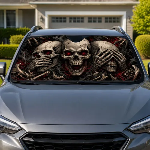 Three Wise Skulls Horror Grunge Skeleton Decor For Goth Metal Fans And Halloween Car Sunshade