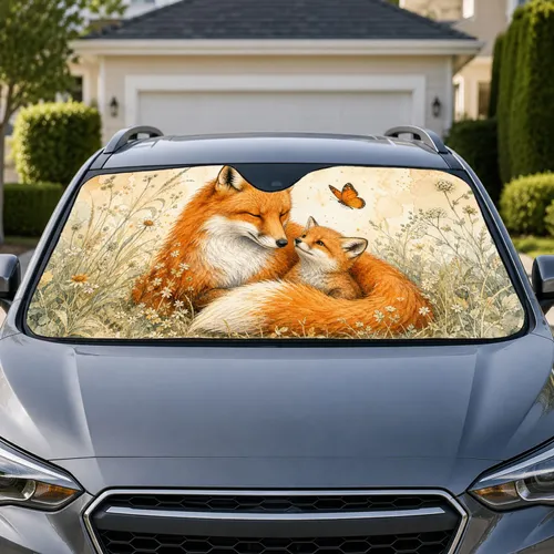 Mother Fox And Kit Watercolor Meadow Scene For Cozy Cottagecore Animal Lovers Gift Car Sunshade
