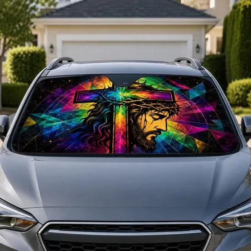Christian Cross With Jesus Crown Of Thorns Rainbow Faith Decor For Easter Worship Car Sunshade