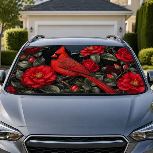 Red Cardinal With Roses And Camellias For Elegant Garden Wildlife Holiday Lovers Car Sunshade