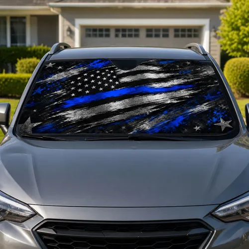 Distressed Black Silver American Flag Ribbon With Blue Stripe For Patriotic Drivers Car Sunshade