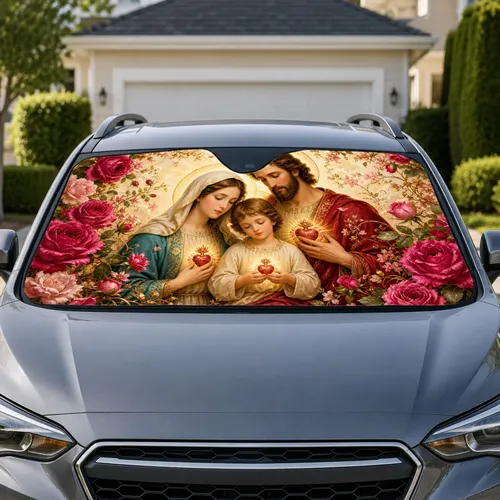 Sacred Family With Roses And Golden Halos For Faithful Daily Travel Devotion Gift Car Sunshade