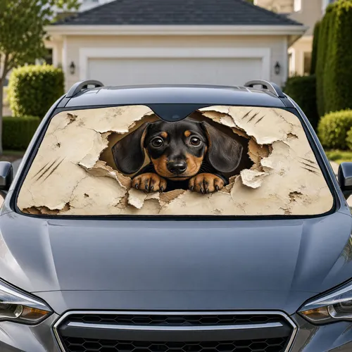 Realistic Dachshund Puppy Breaking Through Wall Cute Dog Decor Gift For Dog Lovers Car Sunshade