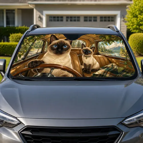 Siamese Cats In Cozy Travel Cabin With Forest Reflections For Cat Lover Road Trips Car Sunshade