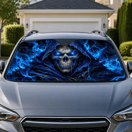 Blue Grim Reaper Skull Dark Fantasy Gothic Travel Style For Metal Fans And Drivers Car Sunshade