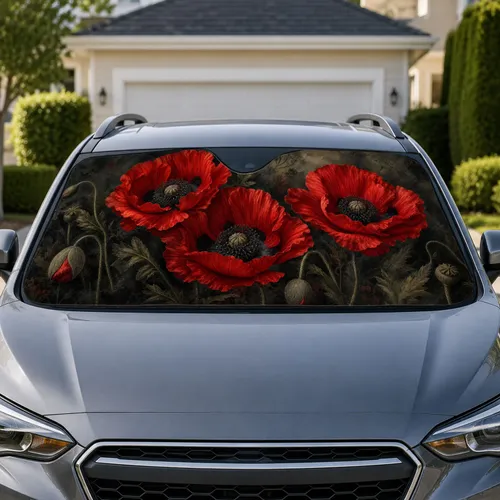 Crimson Red Poppy Flowers On Moody Charcoal Botanical Decor For Road Trips And Travel Car Sunshade