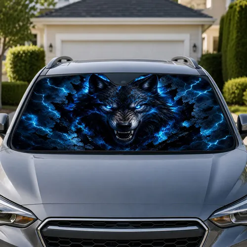 Glowing Cyan Wolf Head With Dark Lightning Energy For Gothic Fantasy Animal Lovers Car Sunshade