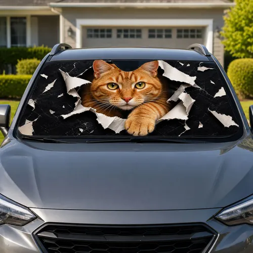 Ginger Tabby Cat Ripping Through Torn Paper For Bold Pet Lover Style And Cat Fans Car Sunshade