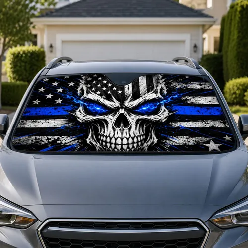 Blue Line Skull American Flag Distressed Stars Stripes Police Support Decor Gift Car Sunshade