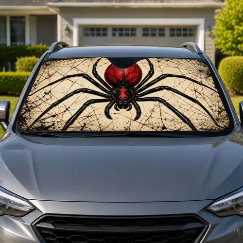 Black Widow Spider With Crimson Hourglass Webs For Gothic Halloween Horror Fans Car Sunshade