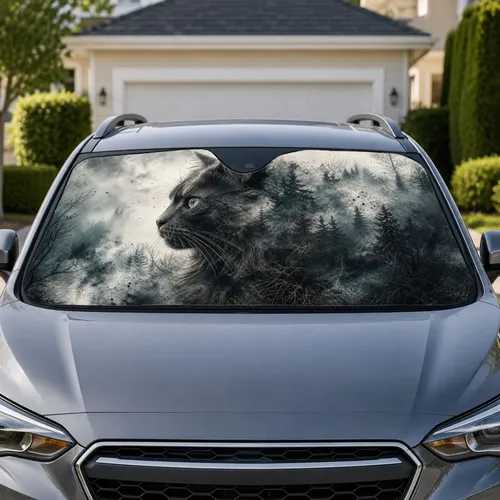 Dark Gray Cat With Misty Conifer Forest For Gothic Nature Lovers And Cat Owners Gift Car Sunshade