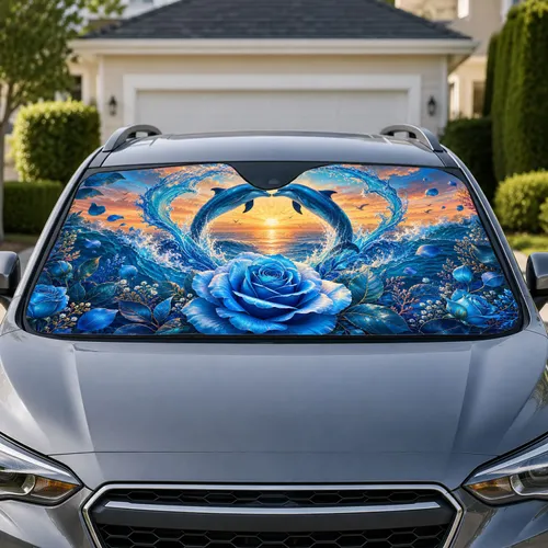 Leaping Teal Dolphins With Blue Rose Ocean Sunset For Tropical Coastal Decor Lovers Car Sunshade