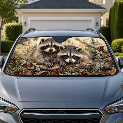 Realistic Woodland Raccoon Pair On Log Cozy Forest Cabin Decor For Wildlife Lovers Car Sunshade