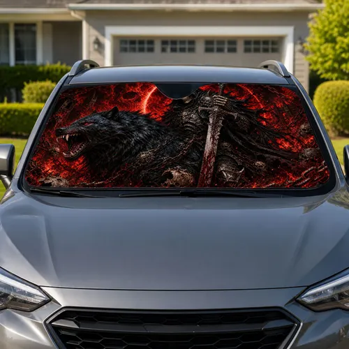 Grim Reaper Black Wolf Red Chains Dark Fantasy Gothic Decor For Horror Metal Fans Car Sunshade