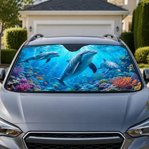 Realistic Dolphins In Tropical Reef Ocean Scene For Beach Trips And Marine Life Fans Car Sunshade