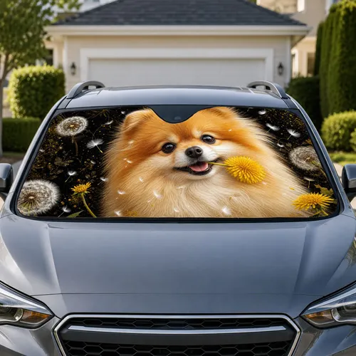 Fluffy Pomeranian With Yellow Dandelion Seeds For Spring Drives And Pomeranian Fans Car Sunshade