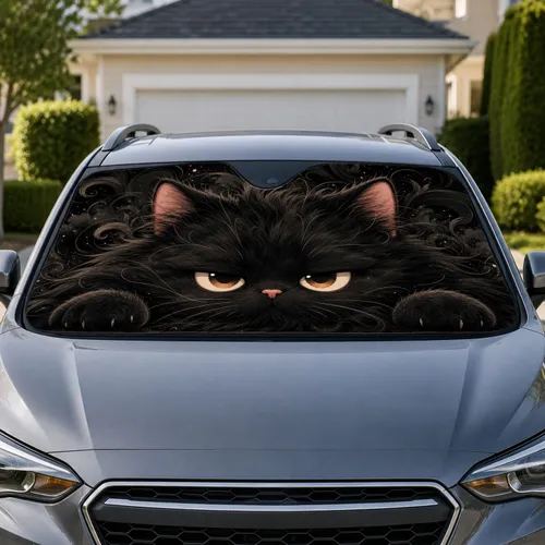 Grumpy Black Cat Face With Fluffy Fur For Goth Pet Lovers And Daily Drive Style Fans Car Sunshade