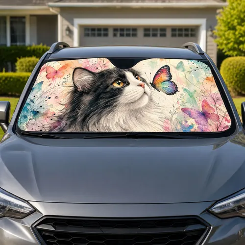 Black White Cat With Rainbow Butterfly Watercolor Decor For Daily Commute Cat Lovers Car Sunshade