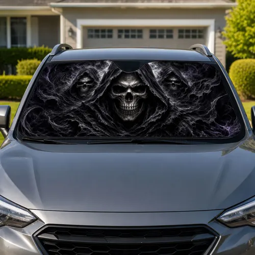 Hooded Skull Trio Dark Gothic Fantasy Decor For Horror Fans And Metal Road Trips Car Sunshade