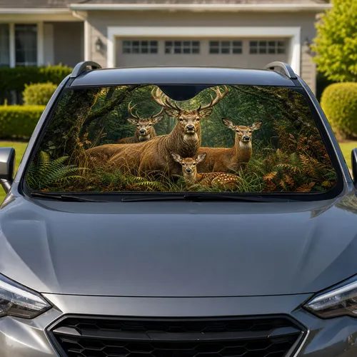 Realistic Deer Family In Deep Green Forest For Rustic Woodland Wildlife Cabin Lovers Car Sunshade