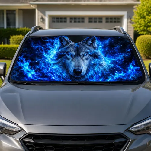 Electric Blue Flame Arctic Wolf Dark Fantasy Cabin Style For Night Driving Lovers Car Sunshade