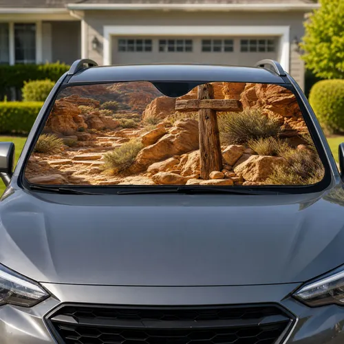 Weathered Wooden Cross In Desert Canyon For Christian Faith Road Trip Travel Gift Car Sunshade