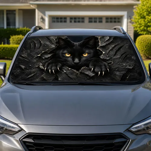 Mysterious Black Cat With Golden Eyes And Claws Gothic Halloween Decor For Pet Lovers Car Sunshade