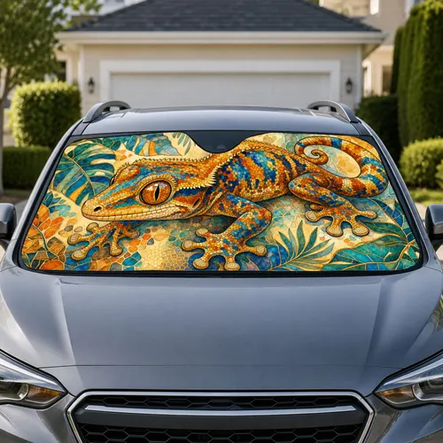 Mosaic Crested Gecko With Tropical Leaves For Reptile Lovers Summer Road Trips Decor Car Sunshade