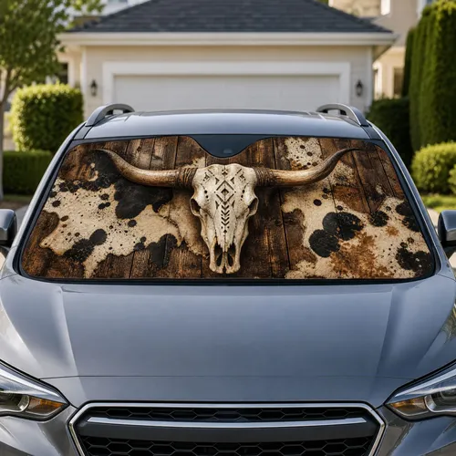 Western Longhorn Skull On Rustic Barnwood Cowhide Decor For Ranch Rodeo Lovers Gift Car Sunshade