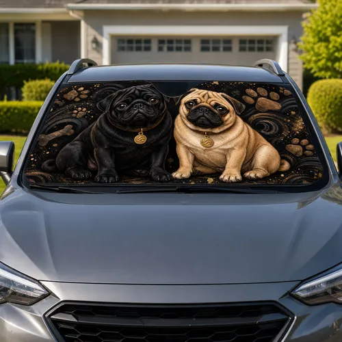 Black And Fawn Pug Duo With Gold Paw Accents For Dog Lovers And Holiday Gifting Ideas Car Sunshade