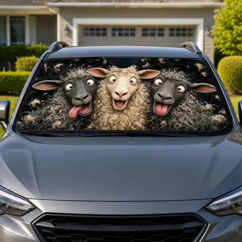 Goofy Three Sheep Faces With Curly Fleece For Farmhouse Road Trips And Animal Lovers Car Sunshade
