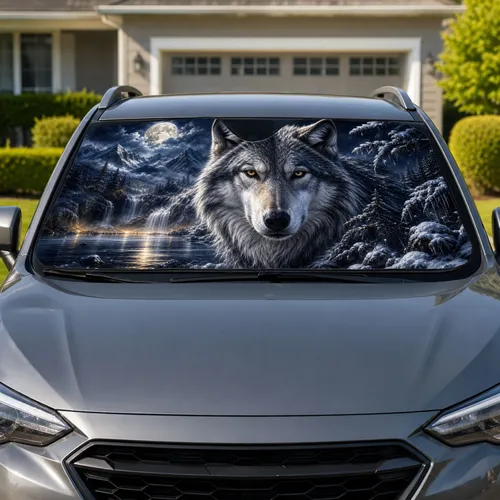 Moonlit Wolf King Winter Forest Waterfall Scene For Outdoor Adventure Wildlife Fans Car Sunshade