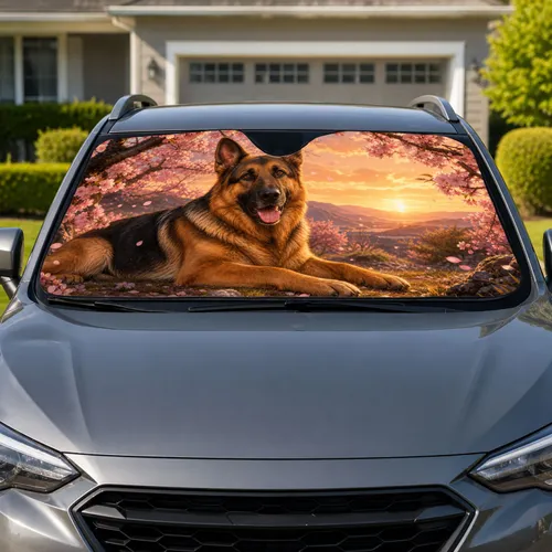 German Shepherd With Cherry Blossoms Sunset Meadow Decor For Dog Lovers Road Trips Car Sunshade