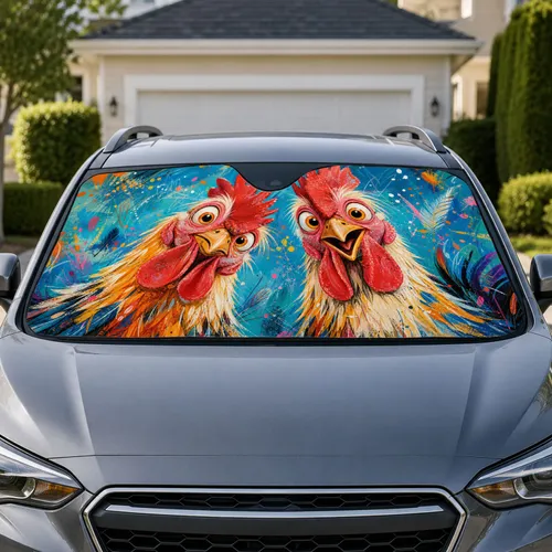 Whimsical Rooster Duo In Teal Splatter Farmhouse Style For Cheerful Daily Drives Car Sunshade