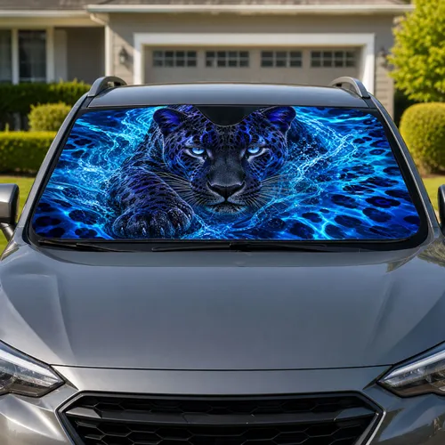 Blue Black Spotted Big Cat In Aqua Water For Wildlife Lovers And Road Trip Style Car Sunshade