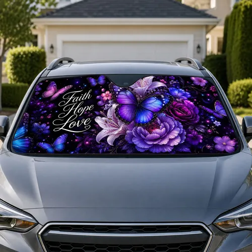Luminous Purple Butterflies Faith Hope Love Floral Decor For Road Trips And Daily Drivers Car Sunshade