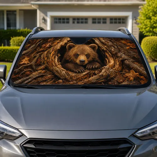 Realistic Bear Cub In Hollow Tree Woodland Cabin Camping Decor For Wildlife Fans Car Sunshade