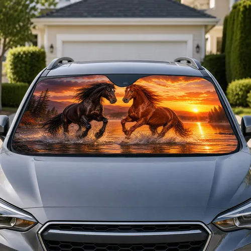 Galloping Horses At Sunset Lake With Splashing Water For Western Road Trip Decor Car Sunshade