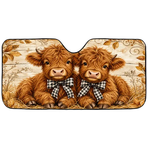 Shaggy Highland Calves With Gingham Bows For Rustic Farmhouse Country Decor Fans Car Sunshade