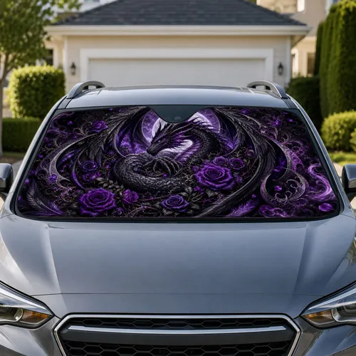 Gothic Black Dragon With Violet Roses And Moonlit Wings For Dark Fantasy Road Trips Car Sunshade