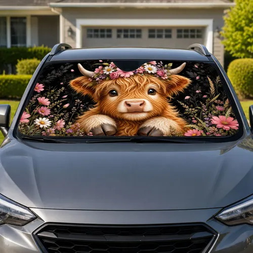 Highland Calf With Flower Crown Floral Farmhouse Decor For Spring Road Trips Cow Fans Car Sunshade