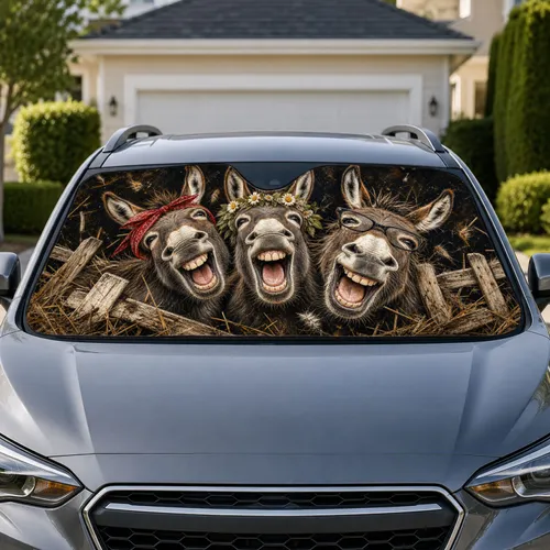 Laughing Donkey Trio Farm Humor Rustic Animal Decor For Road Trip Fun And Donkey Fans Car Sunshade